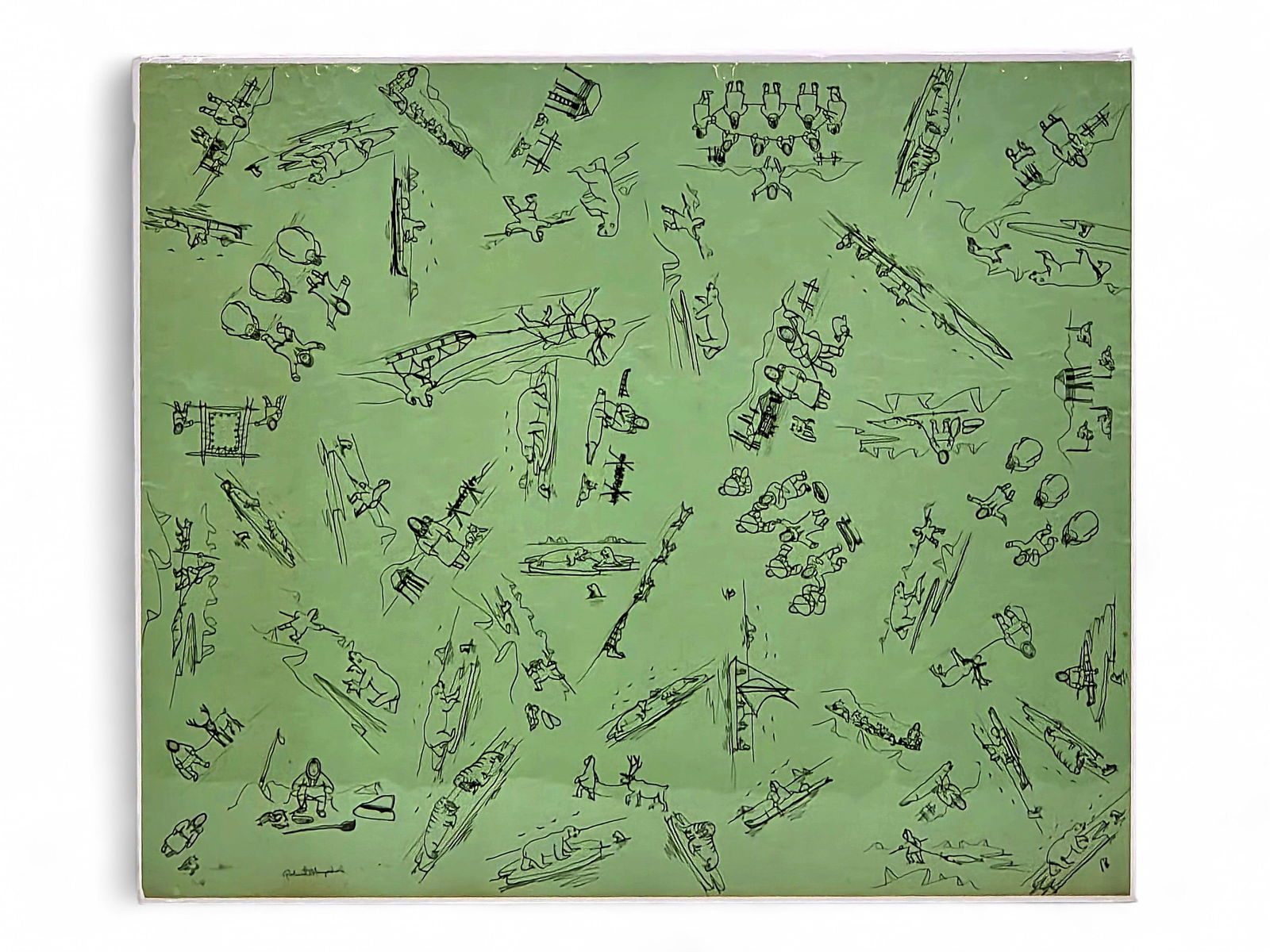 Robert Mayokok Alaska Native Life Composite Sheet of Sketches: An original doodle-style ink drawing depicting scenes from Alaska Native life including a polar bear encounter and sled dog team signed in the lower left by Inupiaq artist Robert Mayokok (1903-1983),