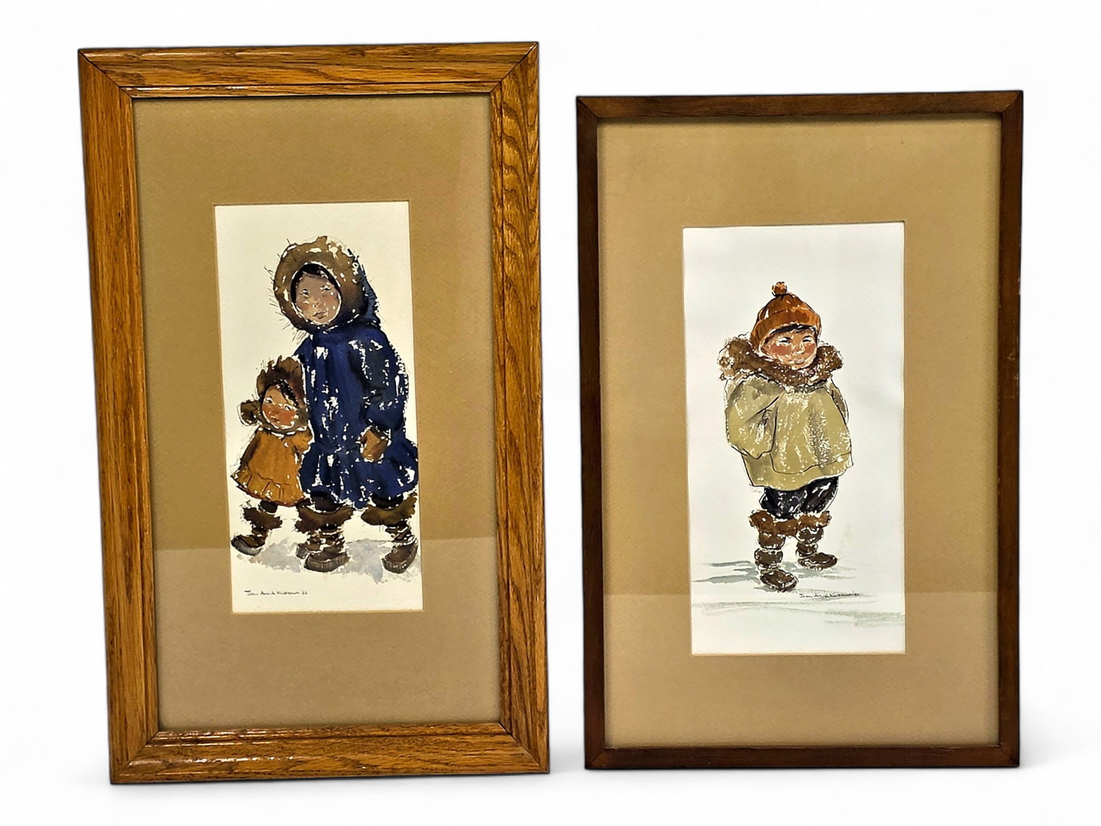 Joan Arend Kickbush Watercolor Portraits: Two original watercolor and ink paintings by Alaska artist Joan Arend Kickbush (1926-2006). Kickbush was celebrated for her depictions of Alaskan Native life, particularly the children she encountered