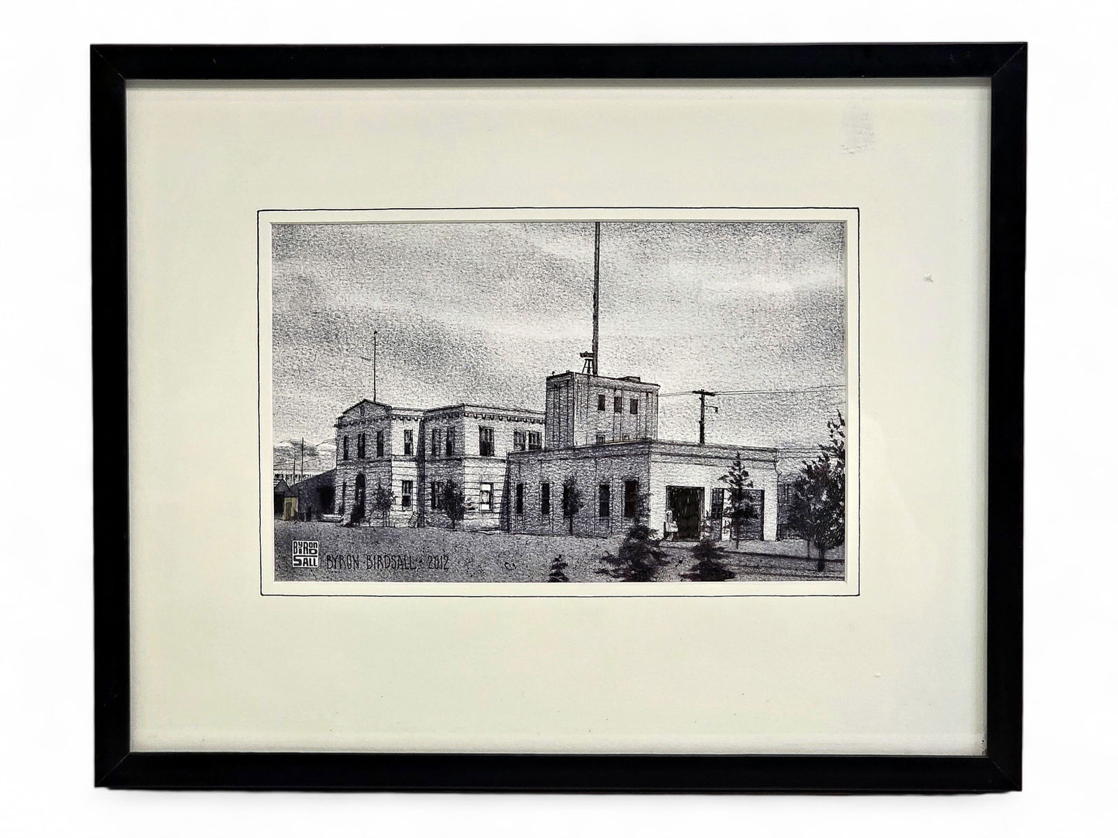 Byron Birdsall "Anchorage City Hall" Ink & Charcoal Sketch: An original ink and charcoal sketch on paper by the renowned Alaskan artist, Byron Birdsall (1937-2016), titled "Anchorage City Hall". The sketch depicts the original Historic City Hall in downtown An