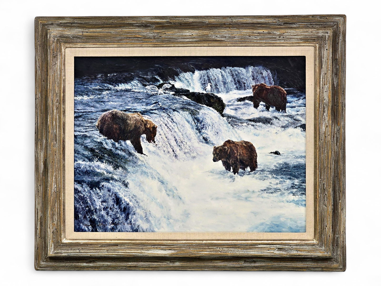 Charlen Jeffrey Satrom "Fish for Everyone" Painting: An original painting entitled "Fish for Everyone" depicting grizzly bears catching salmon at Brooks Falls in Katmai National Park, Alaska, signed c.1994 by Alaska artist Charlen Jeffery Satrom (b.1939