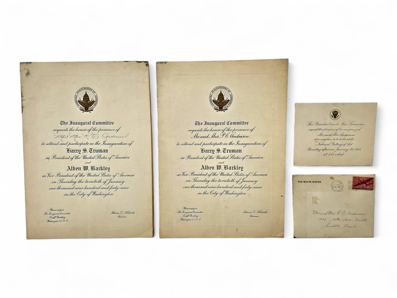 1949 Harry S. Truman Presidential Inauguration Invitations: A pair of historically significant official invitations to the 1949 Presidential Inauguration of Harry S. Truman and his Vice President, Alben W. Barkley, marking the beginning of Truman's only full t