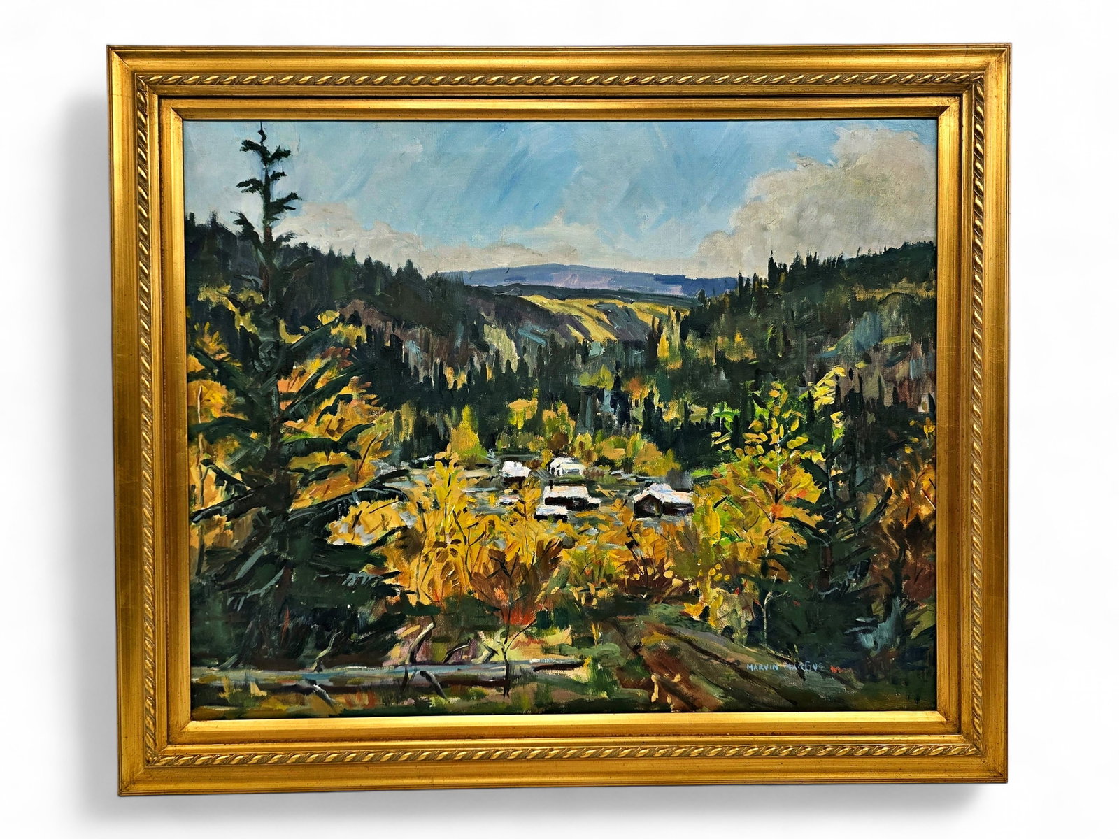 Marvin Mangus "Liberty Creek, Alaska" Oil Painting: An original oil painting entitled Liberty Creek, Alaska by celebrated Alaska artist, geologist, and outdoorsman Marvin Mangus (1924-2009). The work depicts a secluded cluster of cabins nestled within