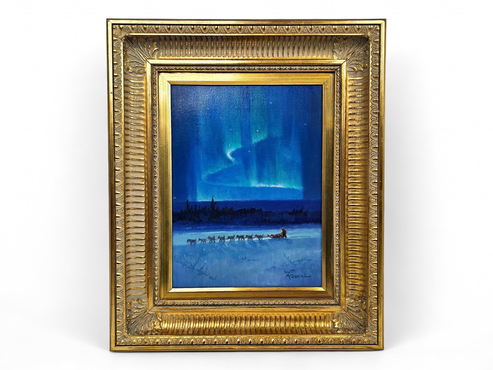 Scott McDaniel "Aurora and Eight Stars" Painting: An original oil painting on canvas entitled Aurora and Eight Stars by Alaska artist Scott McDaniel (1926-2012), depicting a sled dog team traversing a frozen landscape beneath a spectacular display of