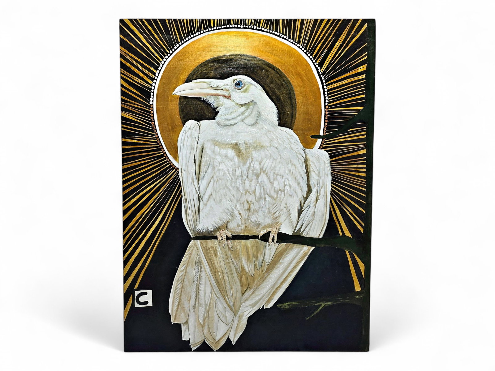 Cara Jane Murray Acrylic Painting of Iconic Anchorage White Raven: An original acrylic painting on wood panel by Alaska artist Cara Jane Murray (21st Century), depicting a striking white raven perched upon a dark branch and gazing to the left. Rendered on a