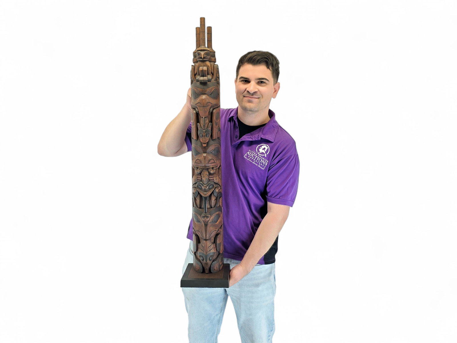 Exceptional Northwest Coast Cedar Totem Pole - Scott Jensen: An impressive monumental Northwest Coast style cedar totem pole by master carver Scott Jensen, standing more than three feet in height and exhibiting exceptional depth of carving, bold formline