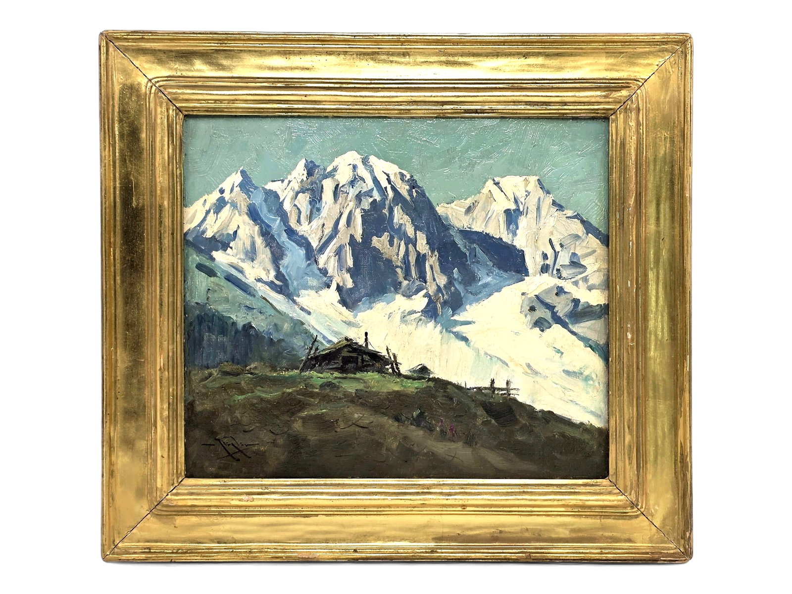 Eustace Paul Ziegler "Prospector's Cabin" Alpine Landscape Oil Painting: An important original oil painting entitled Prospector's Cabin by renowned Alaska master Eustace Paul Ziegler (1881-1969), depicting a lonely mountain shelter perched along an alpine ridge beneath an 