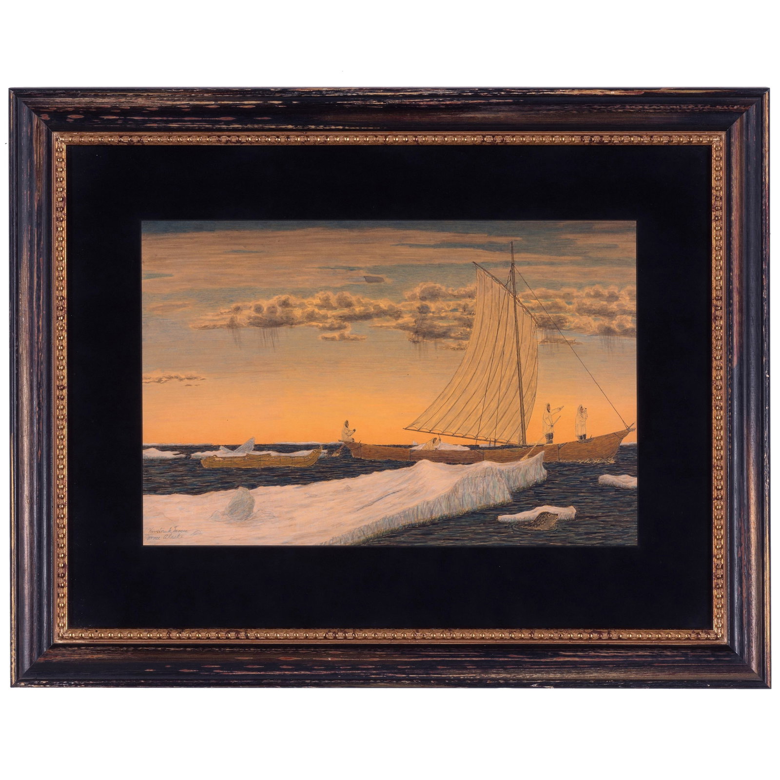 James Kivetoruk Moses Arctic Evening Umiak Sailing Scene: An original mixed media work in ink and watercolor on paper by renowned Inupiaq artist James Kivetoruk Moses (1903-1982) of Cape Espenberg, Alaska. Widely regarded among the most important and sought-