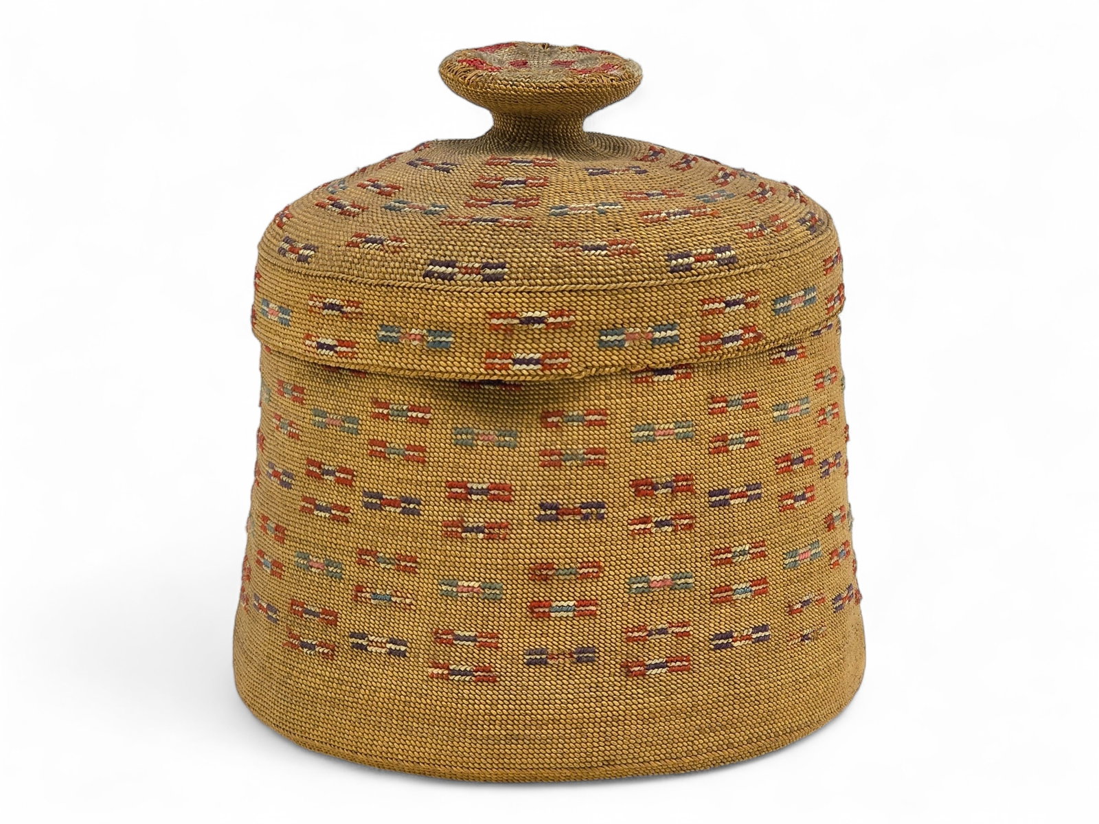 Large Antique Attu Aleut Polychrome Rye Grass Covered Basket: An impressive antique Aleut twined rye grass basket and fitted lid woven in the traditional Attu style, distinguished by its unusually large size and vibrant geometric decoration. The gently tapering 