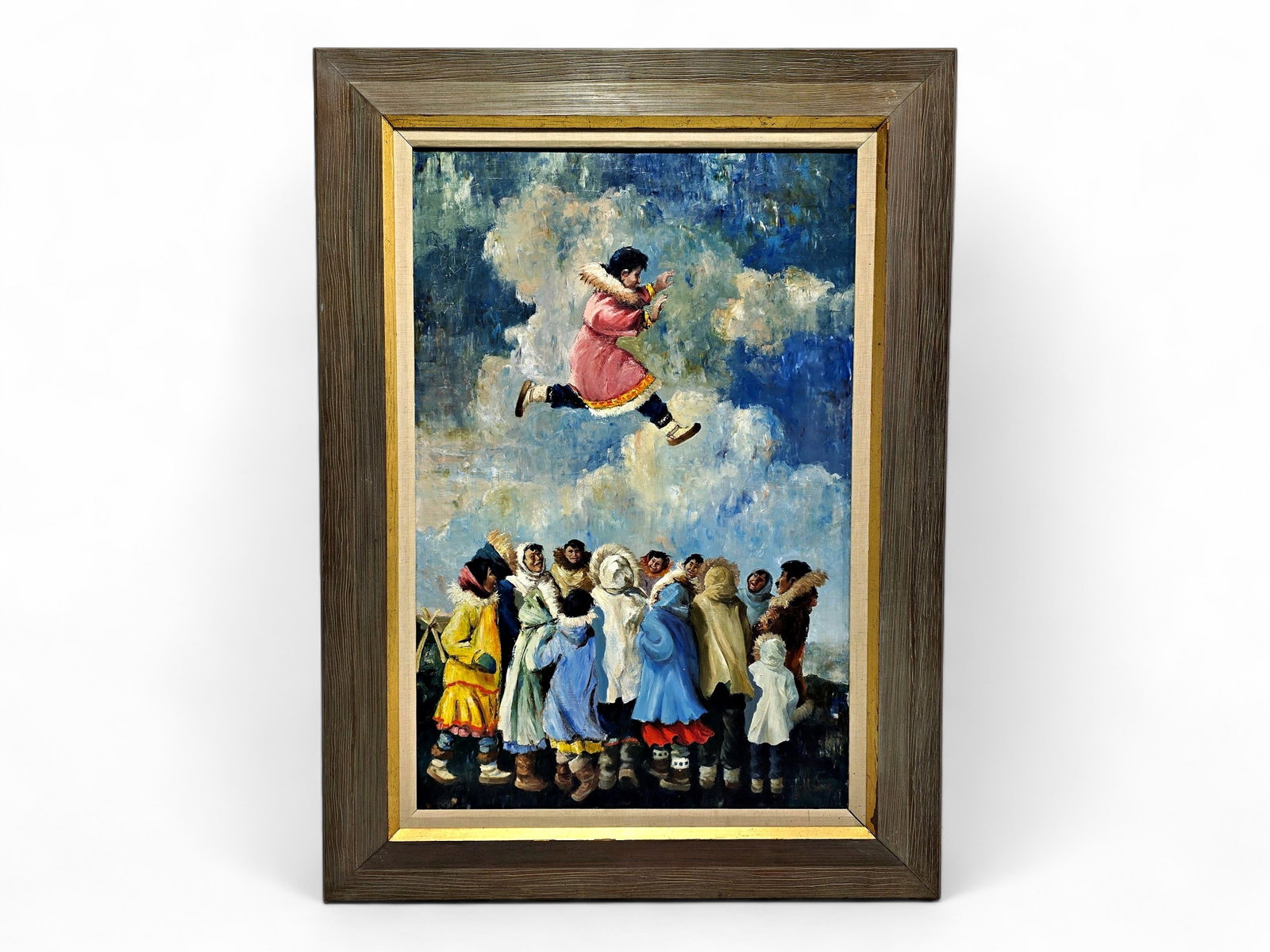 Very Large Harvey B. Goodale Oil Painting of Blanket Toss Scene: An original oil painting by Alaska artist Harvey B. Goodale (1900-1980), depicting a joyful scene from Nalukataq, the traditional Inupiat spring whaling festival celebrated following a successful bowh
