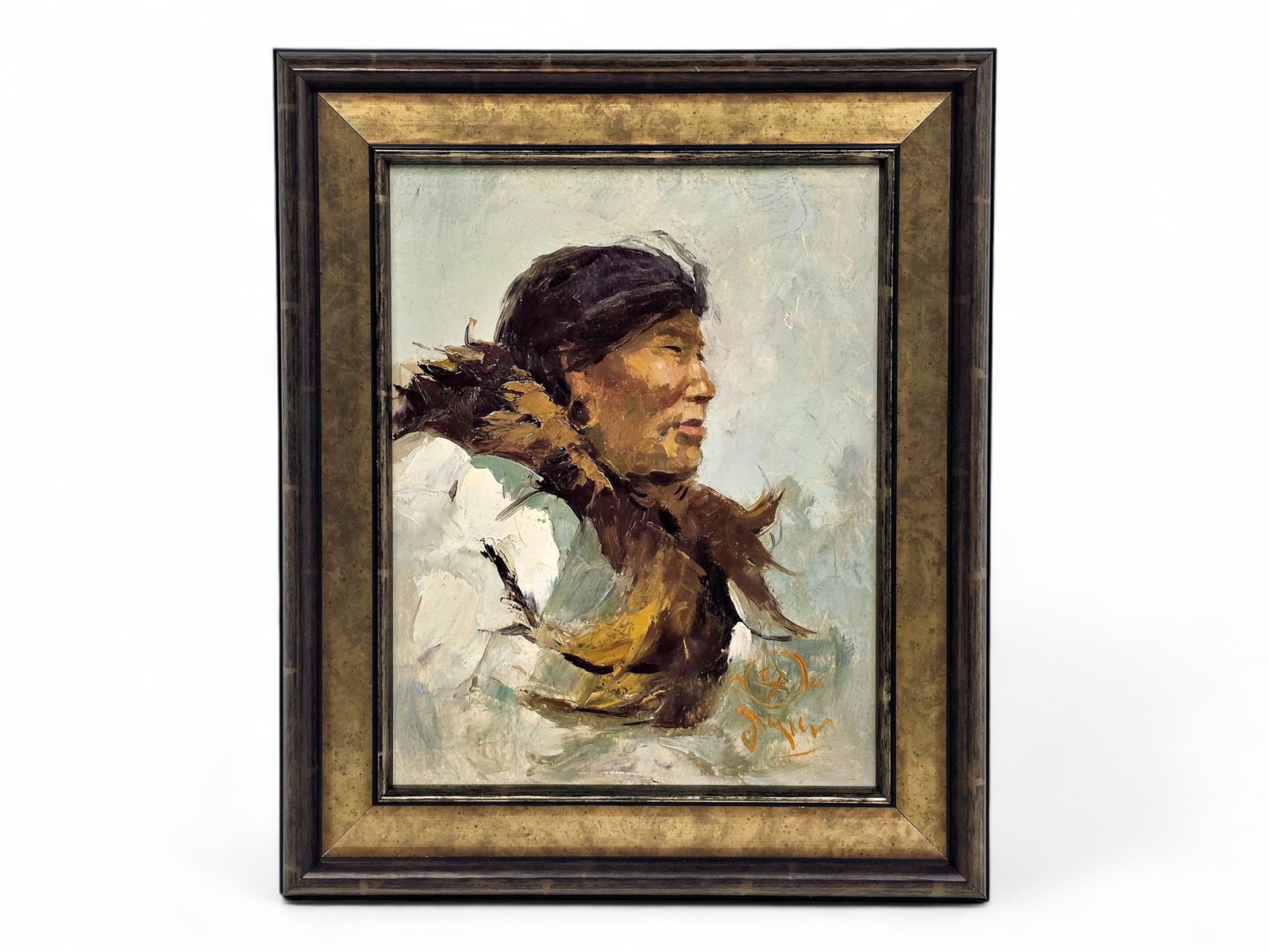 Eustace Paul Ziegler Oil Painting of Lower Kuskokwim Eskimo Man: An original impasto oil painting on canvas by renowned Alaska master Eustace Paul Ziegler (1881-1969), depicting a proud Lower Kuskokwim Eskimo man shown in profile and gazing thoughtfully into the di