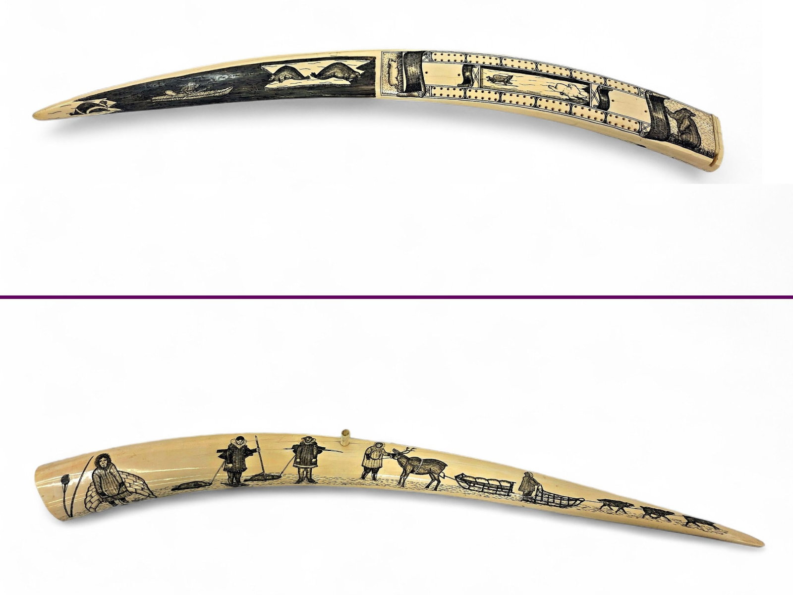 Monumental Billy "Billiken" Komoneseok Scrimshaw Walrus Tusk Cribbage Board: A monumental, historically important, and exceptionally detailed scrimshawed walrus tusk cribbage board attributed to celebrated Nome-region Inupiaq artist Billy "Billiken" Komoneseok (1884-1943), amo