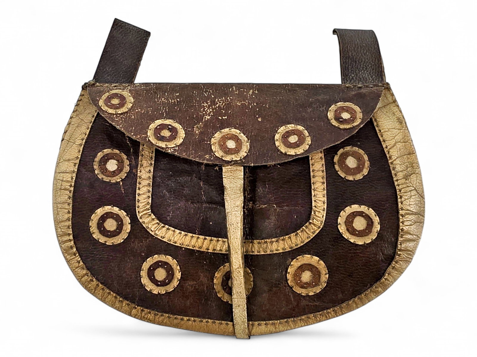 19th C. Bering Sea Yup'ik Seal Skin Hunter's Belt Pouch: A rare 19th century Bering Sea hunter's belt pouch or tool bag, skillfully handcrafted from tanned seal skin and bleached deer hide and intended to be worn suspended from a wide belt by means of two i