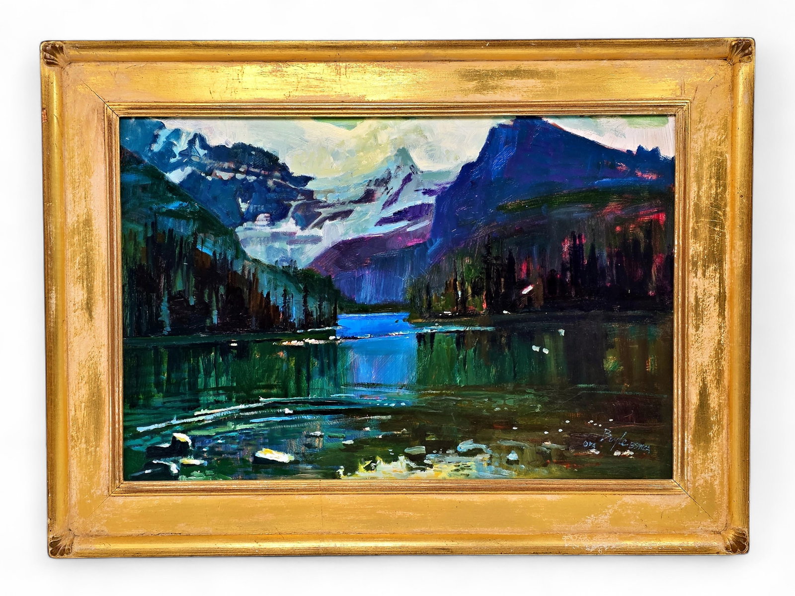 Neil Boyle "Lake O'Hara" Oil Painting: An original oil painting entitled Lake O'Hara by Canadian artist Neil Boyle (1931-2006), depicting one of the most celebrated alpine landscapes in the Canadian Rockies. Snow-covered peaks rise dramati