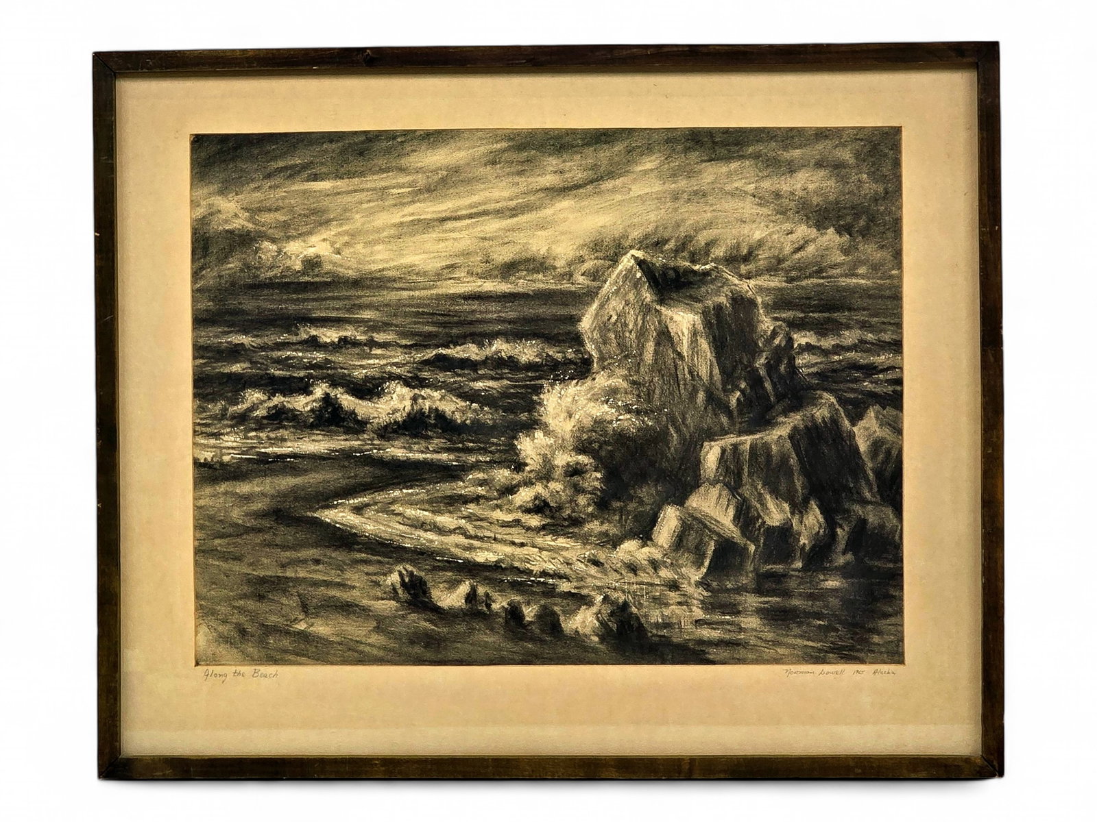 Norman Lowell "Along the Beach" Charcoal Drawing: An original charcoal drawing by acclaimed Alaska artist Norman Lowell (1927-2024), titled Along the Beach and dated 1965. Executed in monochrome, the composition depicts surf breaking against a rugged