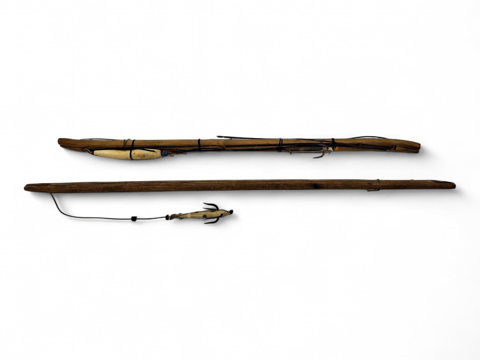 Late 19th Century Eskimo Ice Fishing Poles w/ Walrus Tusk Lures (1 of 8)