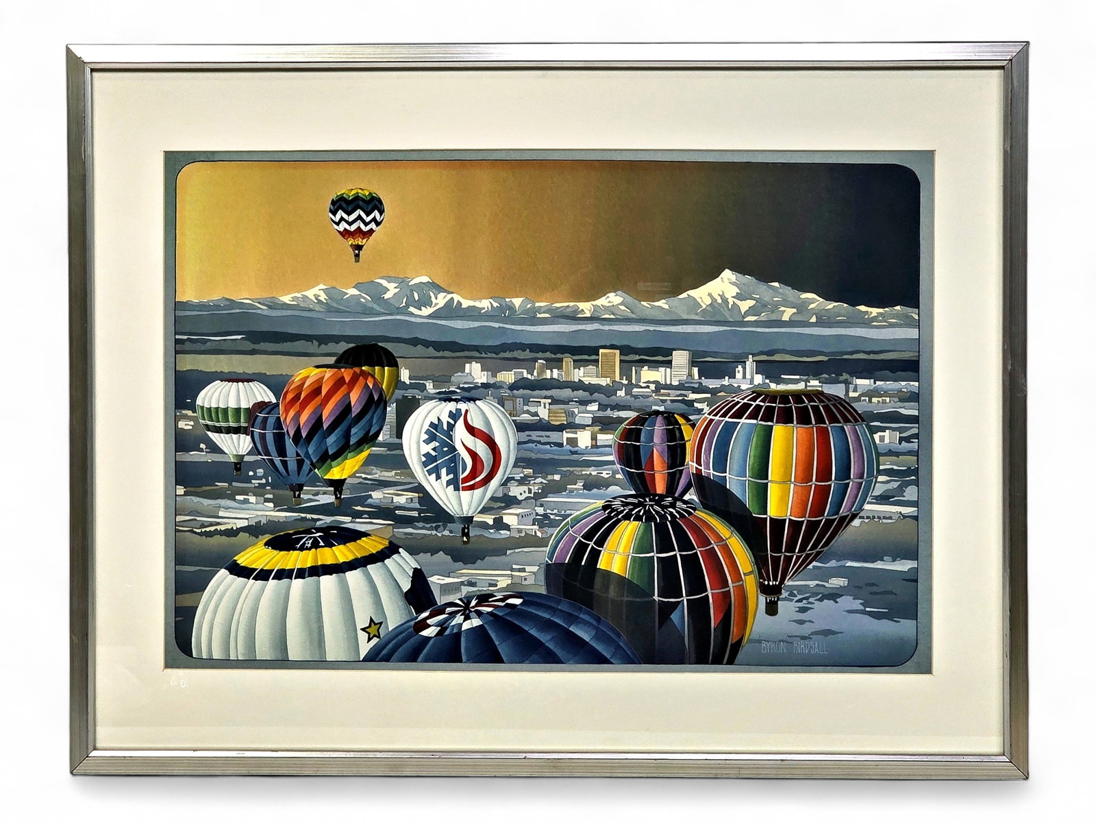 Byron Birdsall "Anchorage, the All-American City" Watercolor Painting: An original watercolor painting by Alaska master Byron Birdsall (American, 1937-2016), titled Anchorage, the All-American City, executed in 1983. Among the artist's most recognizable urban scenes, the