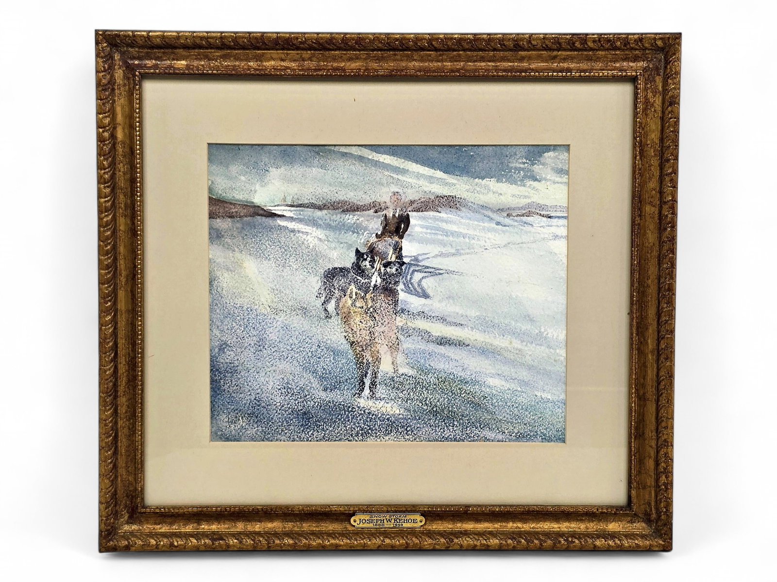 Joseph W. Kehoe "Snow Storm" Watercolor Painting: An original watercolor painting entitled Snow Storm by Alaska artist Joseph W. Kehoe (1890-1959), depicting a dog team struggling through a fierce winter blizzard under the guidance of a musher follow