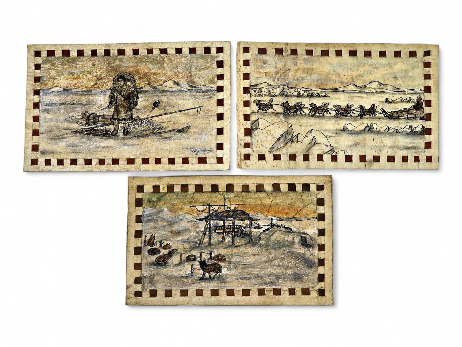 George Aden Ahgupuk Colorized Inupiaq Life Studies on Hide: Three original mixed-media works on prepared animal hide by celebrated Inupiaq artist George Aden Ahgupuk (1911-2001), known as "Twok." Working from his home in Shishmaref, Alaska, Ahgupuk became one 