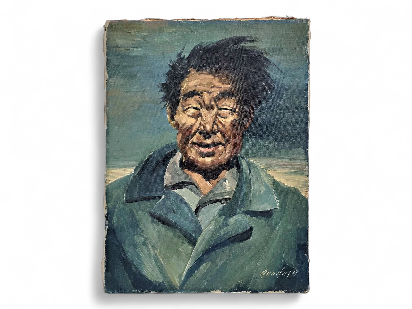 Harvey B. Goodale Oil Painting of an Alaska Native Man: An original oil portrait by Alaska artist Harvey B. Goodale (1900-1980), depicting an elderly Alaska Native man with wind-swept black hair and a weathered, deeply expressive face. Dressed in a blue co