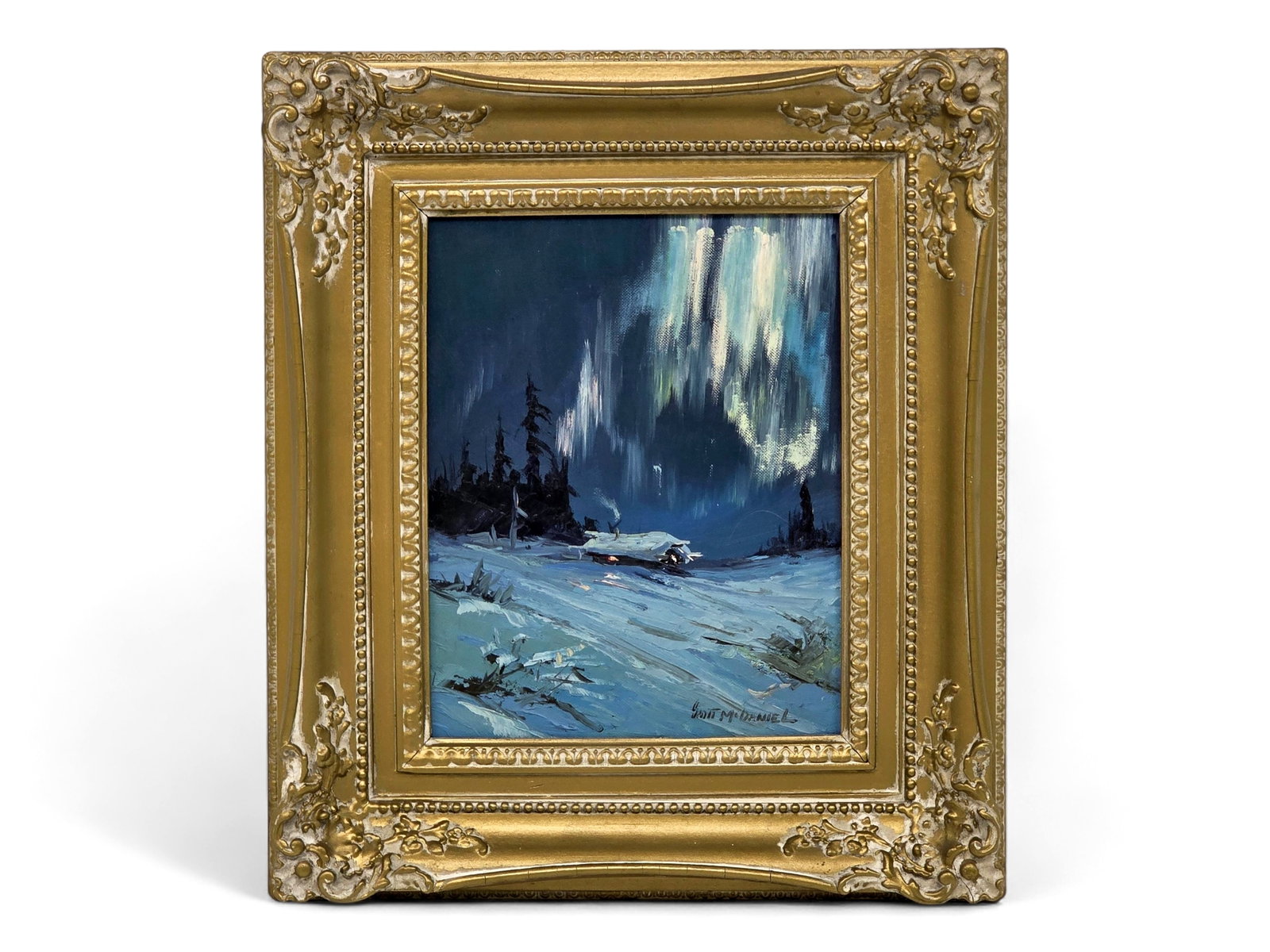 Scott McDaniel Oil Painting of the Northern Lights in Winter: An oil painting on panel depicting the Northern Lights dancing above a snow-covered Alaska landscape by Alaska artist Scott McDaniel (1926-2012). Expressive brushwork captures bands of the green, blue