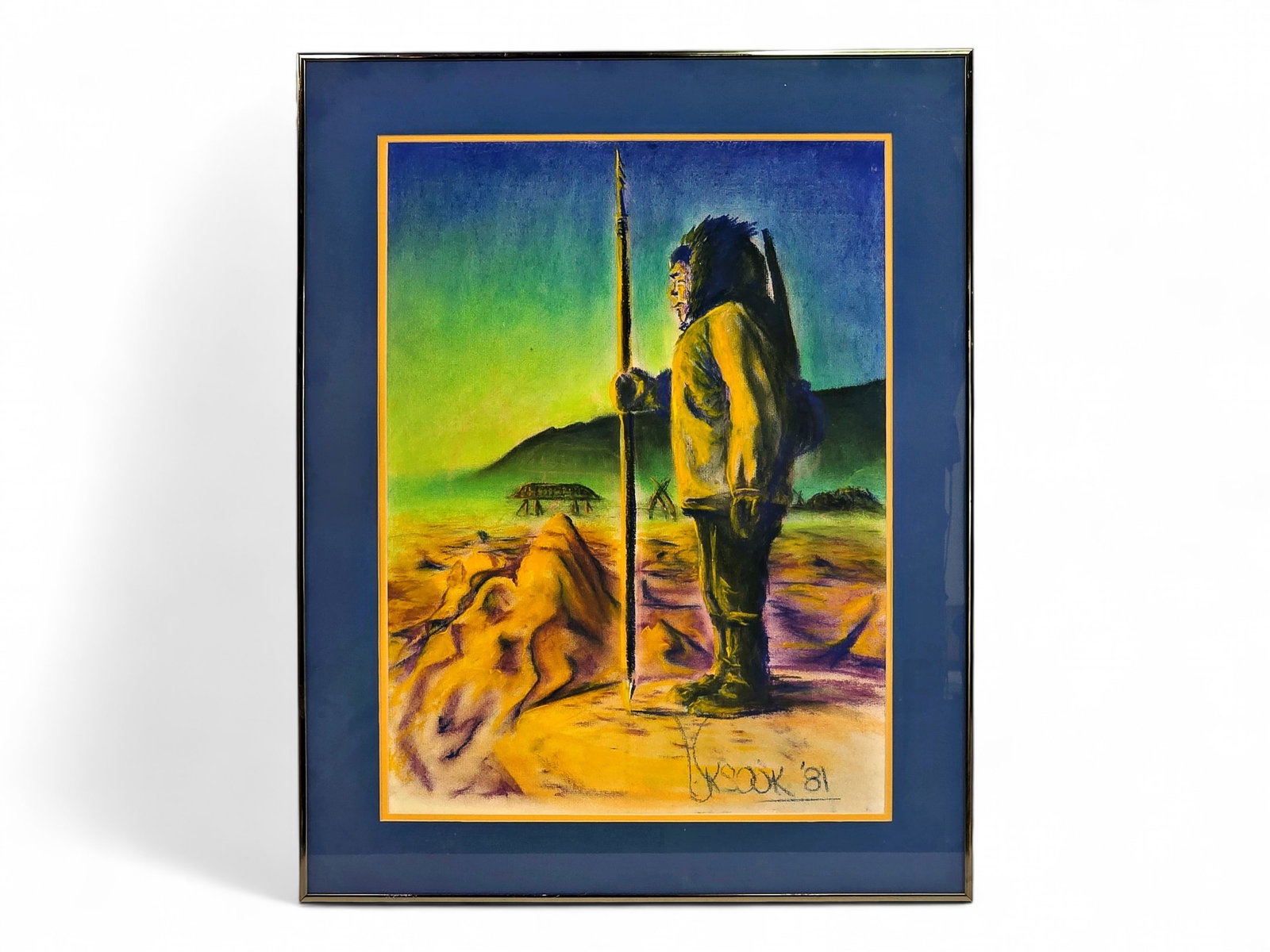 Moses "Uksook" Wassilie Pastel of Yup'ik Hunter Beneath the Aurora: An original pastel executed in 1981 by celebrated Yup'ik artist Moses "Uksook" Wassilie (b. 1946), depicting an Alaska Native hunter standing watch beneath the aurora borealis, clad in a fur-lined par