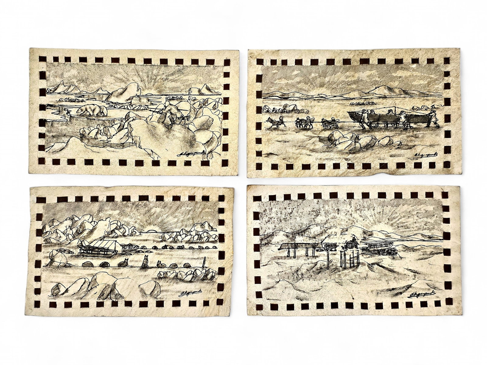 George Aden Ahgupuk Inupiaq Life Studies on Hide (1 of 14)