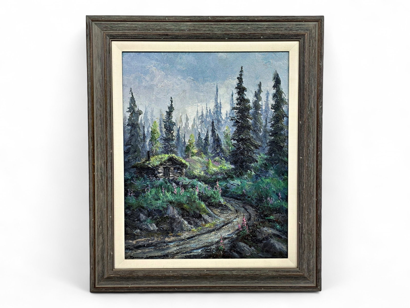 Norman Lowell "After the Summer Rain" Oil Painting: An original oil painting entitled After the Summer Rain by esteemed Alaska artist Norman Lowell (1927-2024), depicting a secluded log cabin nestled within a lush interior forest following a passing ra
