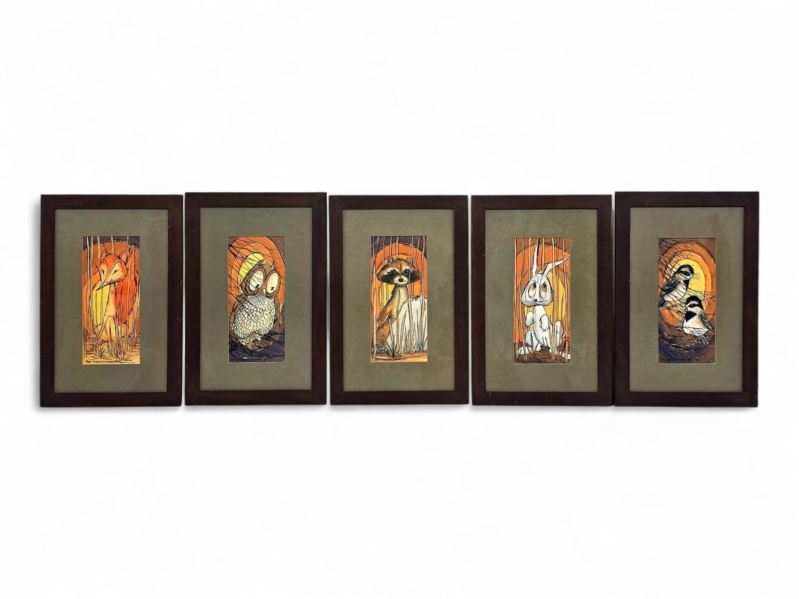 Joan Arend Kickbush Watercolor & Ink Paintings of Woodland Critters: A charming group of five original watercolor and ink paintings by Alaska artist Joan Arend Kickbush (1926-2006), depicting woodland creatures rendered in the artist's distinctive whimsical style. The 