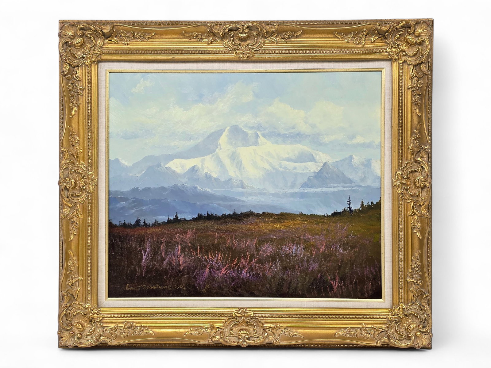 Ernest Robertson "McKinley - Fireweed Time" Oil Painting: An impressive original oil painting entitled McKinley - Fireweed Time by Alaska artist Ernest E. Robertson (b.1939), depicting one of Alaska's most celebrated seasonal landscapes. The composition is d