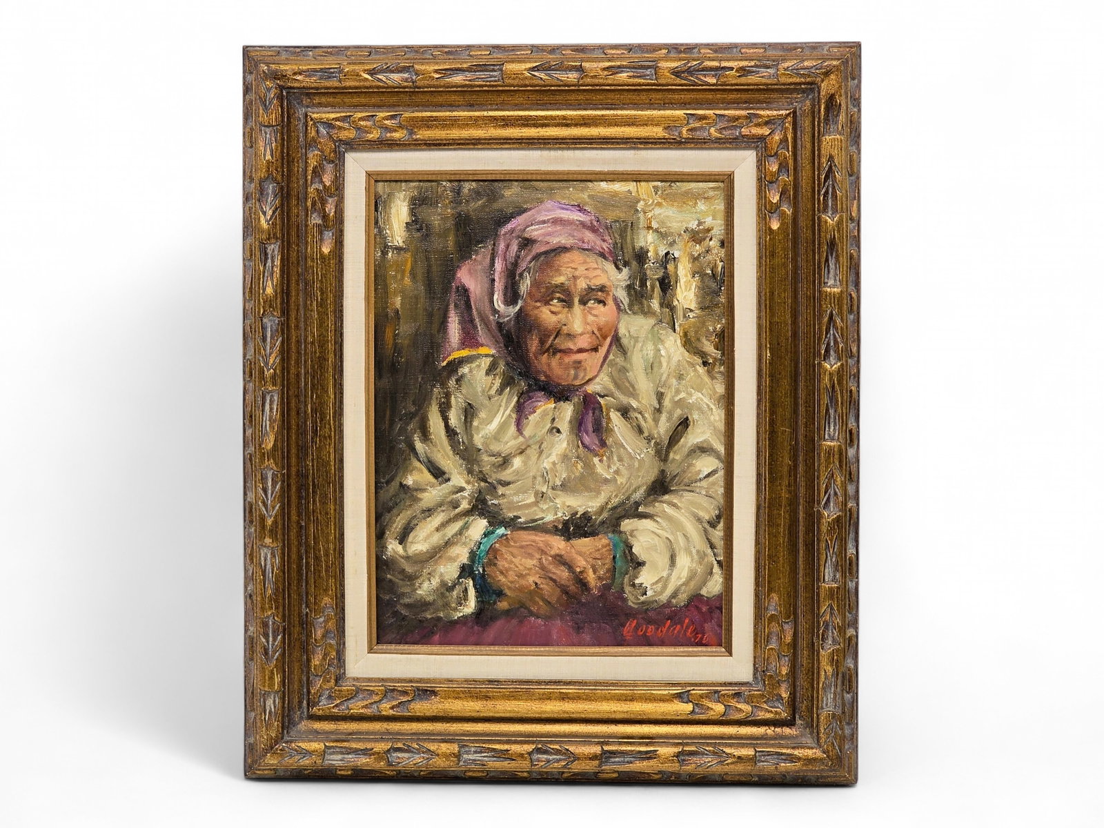 Harvey B. Goodale "Katie" Oil Painting: An original oil portrait entitled Katie - Nome, Alaska by noted Alaska artist Harvey B. Goodale (1900-1980), depicting an elderly Alaska Native woman wrapped in a cream-colored parka with a lavender h