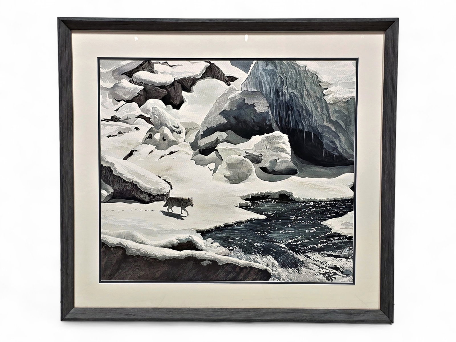 Charles Gause Monochromatic Gray Wolf Painting: An original painting by Alaska artist Charles Gause (b.1955), a monochromatic depiction of a lone gray wolf navigating a snow-covered, icy river bank. He utilizes dramatic shadows and negative space t