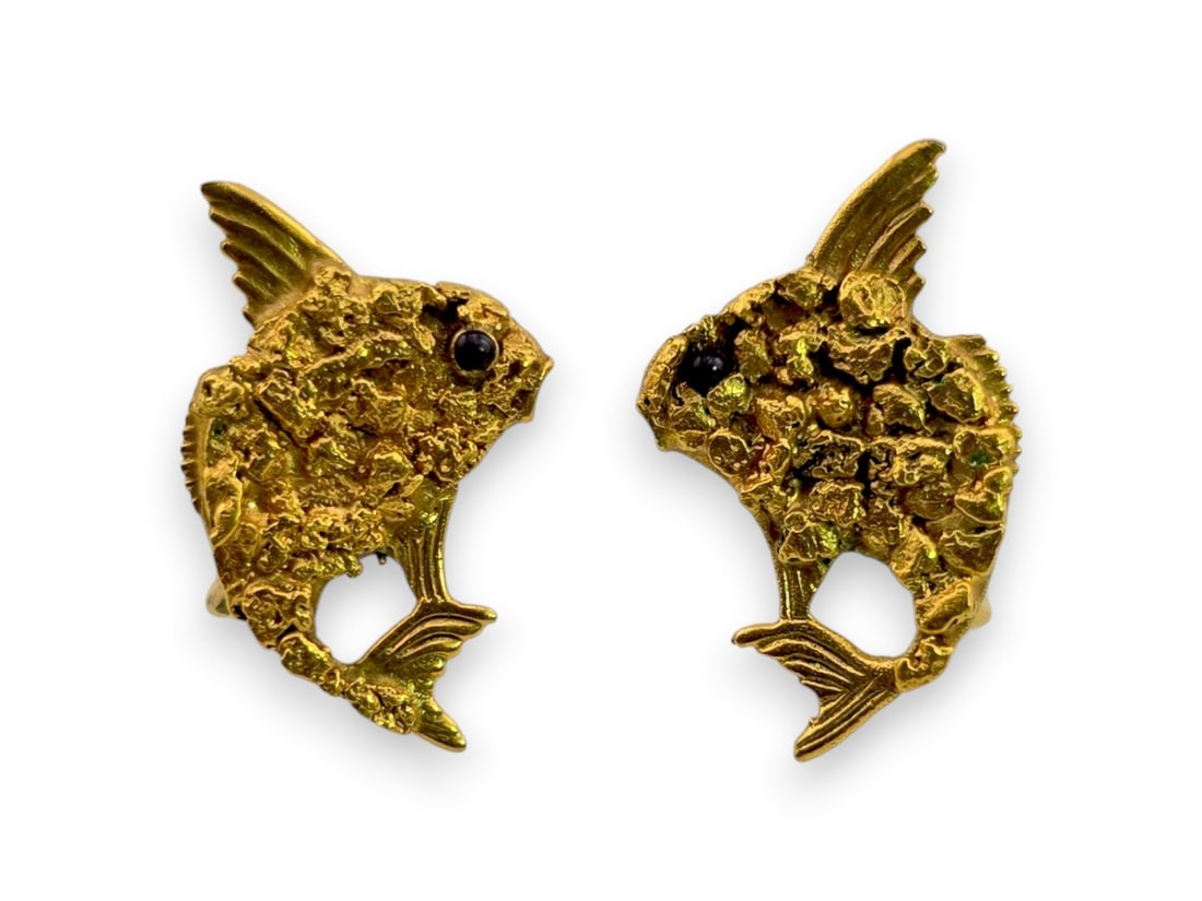 14K & Alaskan Gold Nugget Angelfish Earrings: A pair of whimsical angelfish earrings by A. Micallef & Company, finely crafted in 14-karat yellow gold and embellished with naturally textured gold nugget inlays. The stylized fish display elegan