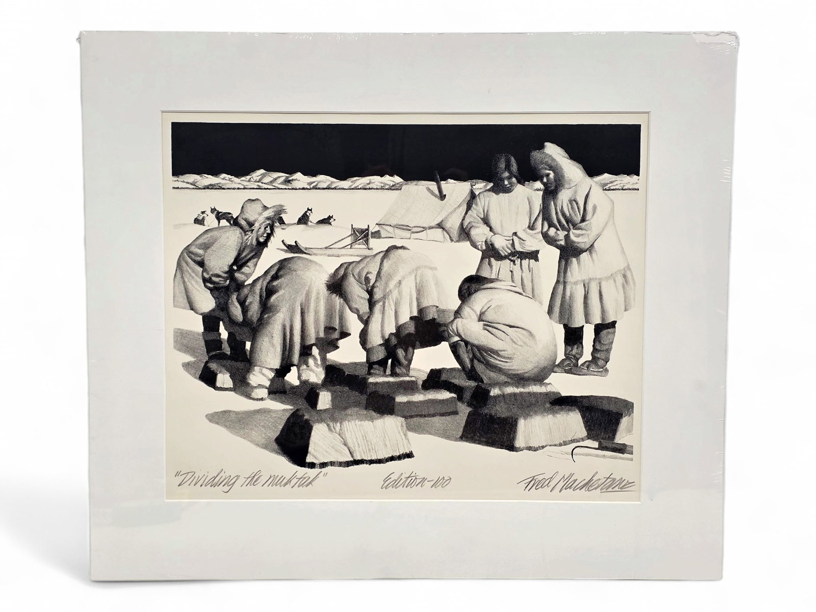 Fred Machetanz "Dividing the Muktuk" Stone Lithograph: A stone lithograph c.1969 by the great late Alaskan artist, Fred Machetanz (1908-2002) entitled "Dividing the Muktuk". The work depicts a group of women at work with their crescent-shaped ooloos (kniv