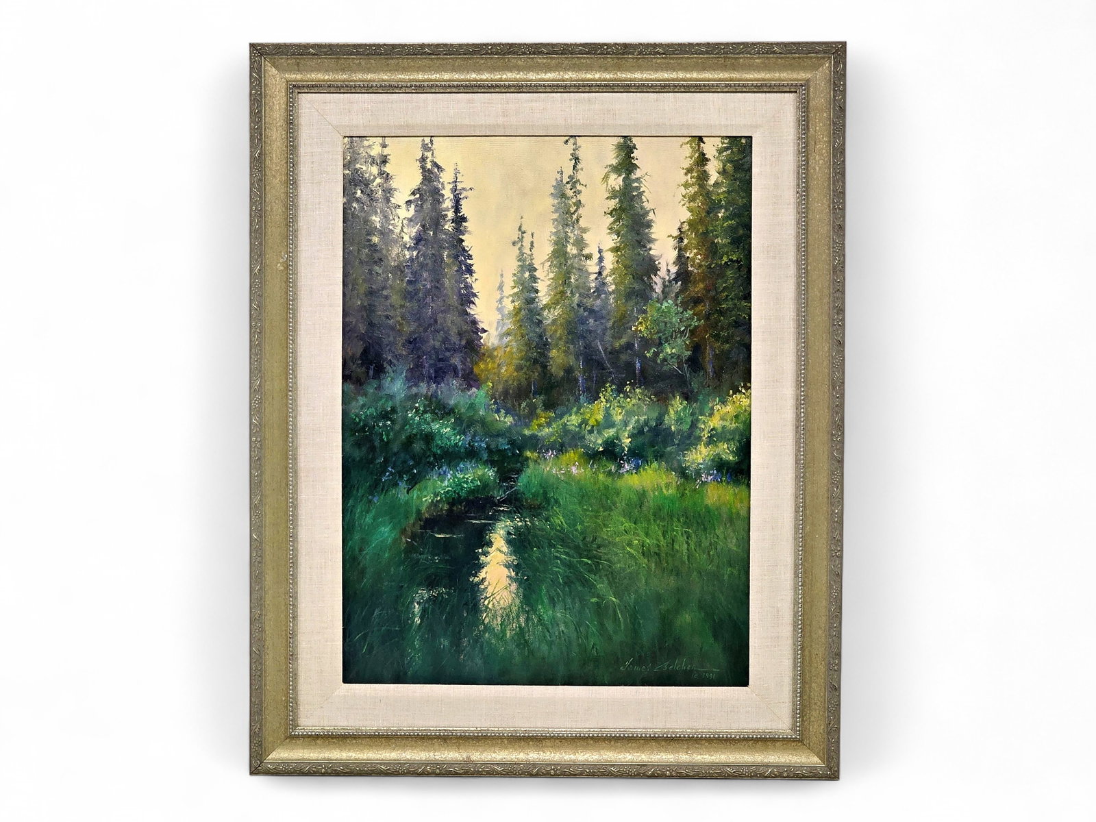 James Belcher Summer Landscape w/ Stream Oil Painting: An original oil painting by Alaska artist James Belcher (20th/21st century), depicting a serene summer wetland bordered by towering spruce trees and dense native vegetation. A narrow reflective stream