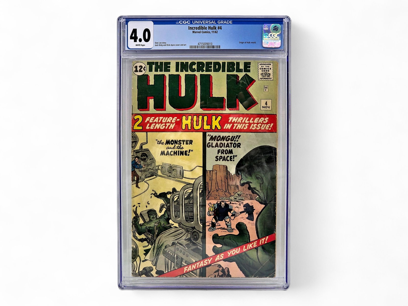 The Incredible Hulk #4 Comic Book - CGC 4.0: The Incredible Hulk #4 comic book is a landmark superhero comic book published by Marvel Comics in November 1962. Written by the legendary Stan Lee and brought to life through the iconic pencils of