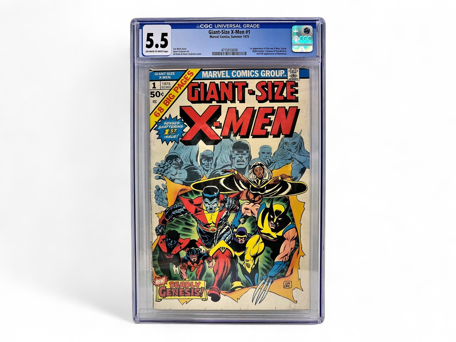Giant-Size X-Men #1 Comic Book - CGC 5.5: The Giant-Size X-Men #1 comic book, published by Marvel Comics in 1975, is a landmark bronze age issue written by Len Wein with iconic cover and interior art by Gil Kane and Dave Cockrum. The story
