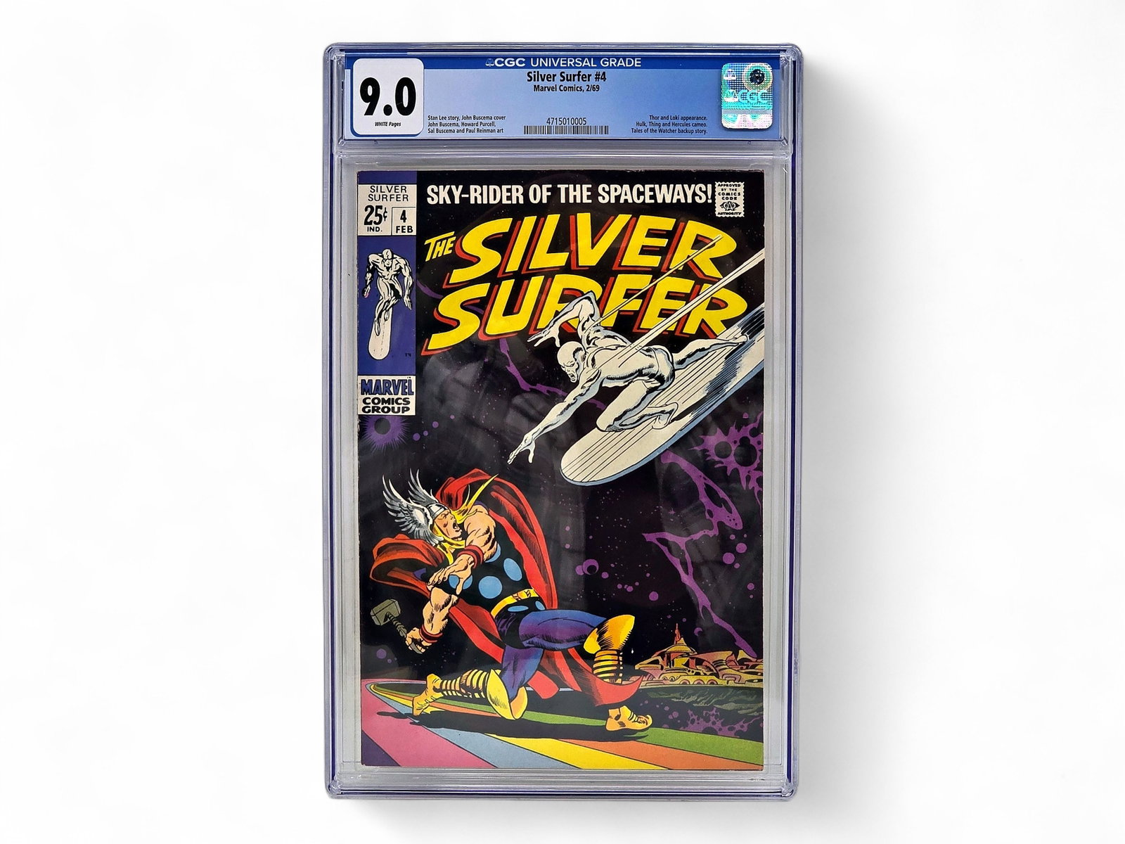 Silver Surfer #4 Comic Book - CGC 9.0: The Silver Surfer #4 comic book, titled "Sky-Rider of the Spaceways!", was published by Marvel Comics and released in February 1969. Crafted by legendary writer Stan Lee, with dynamic pencils by