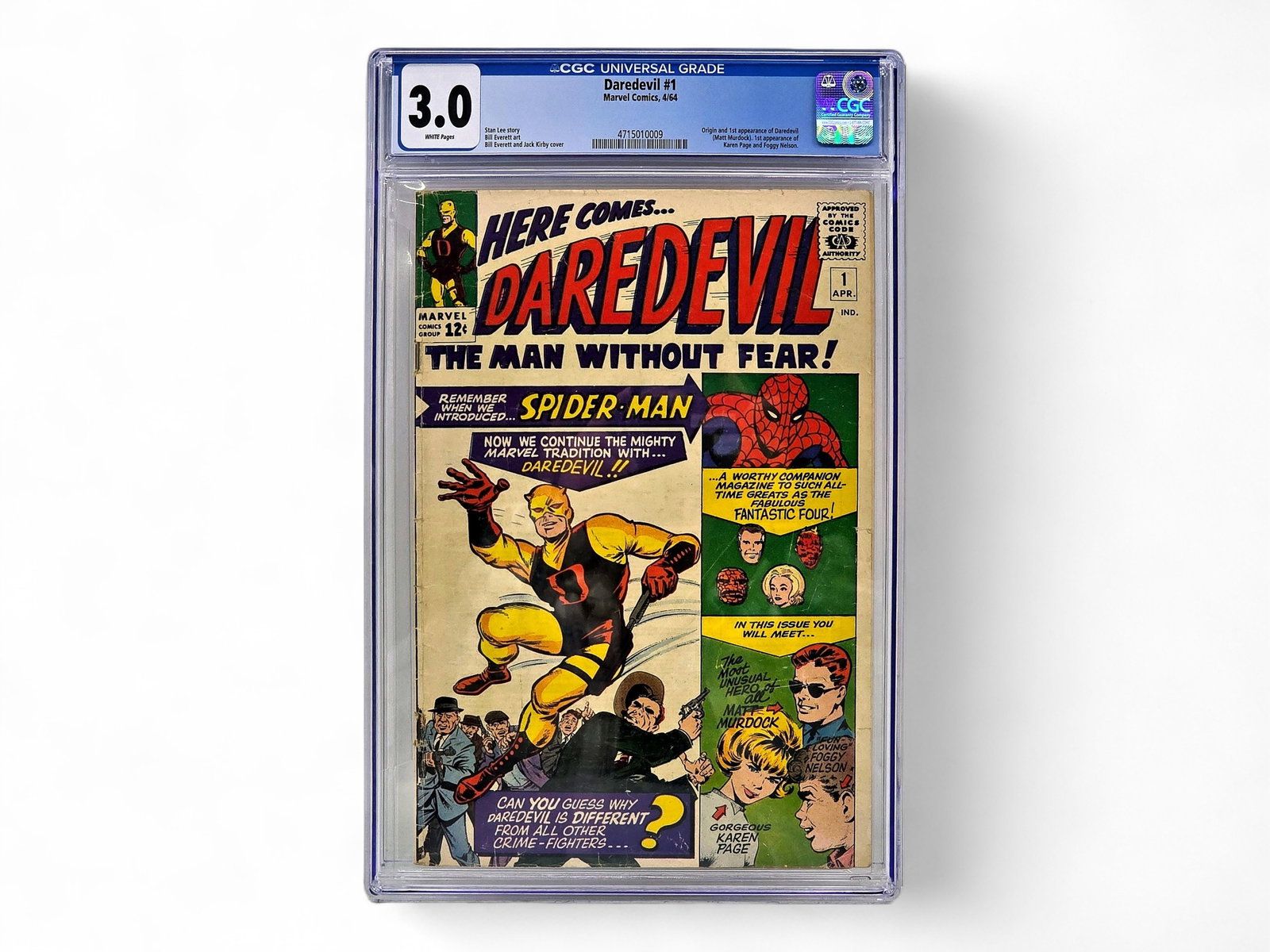 Daredevil #1 Comic Book - CGC 3.0: A Daredevil #1 comic book, titled "The Man Without Fear!" was published by Marvel Comics and released in April 1964. Written by legendary creator Stan Lee and brought to life with artwork by Bill