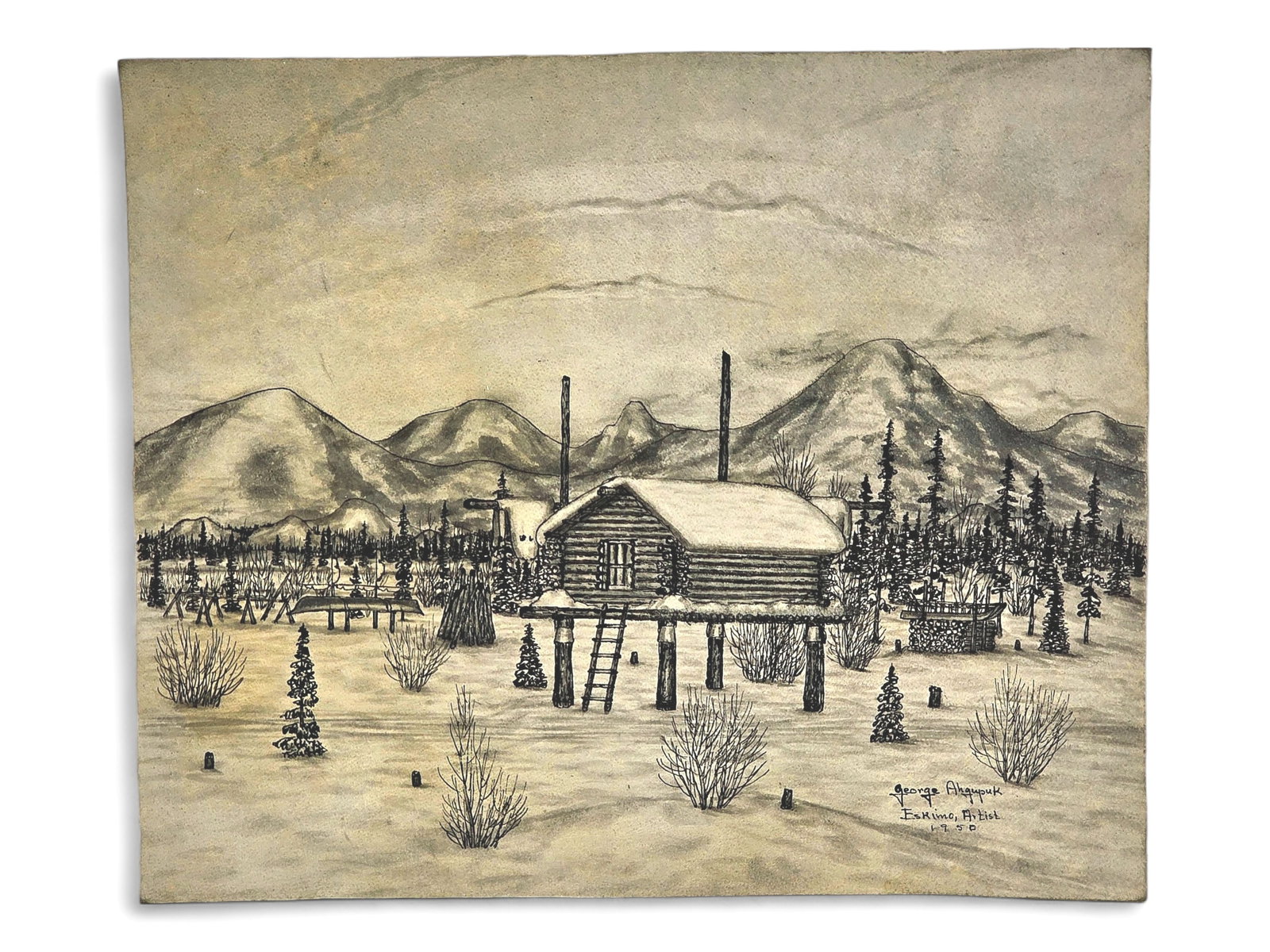 George Aden Ahgupuk Winter Cache Scene on Hide: An original ink and wash drawing on prepared animal hide by renowned Inupiaq artist George Aden Ahgupuk (1911-2001), signed and dated 1950. The highly detailed composition depicts a traditional