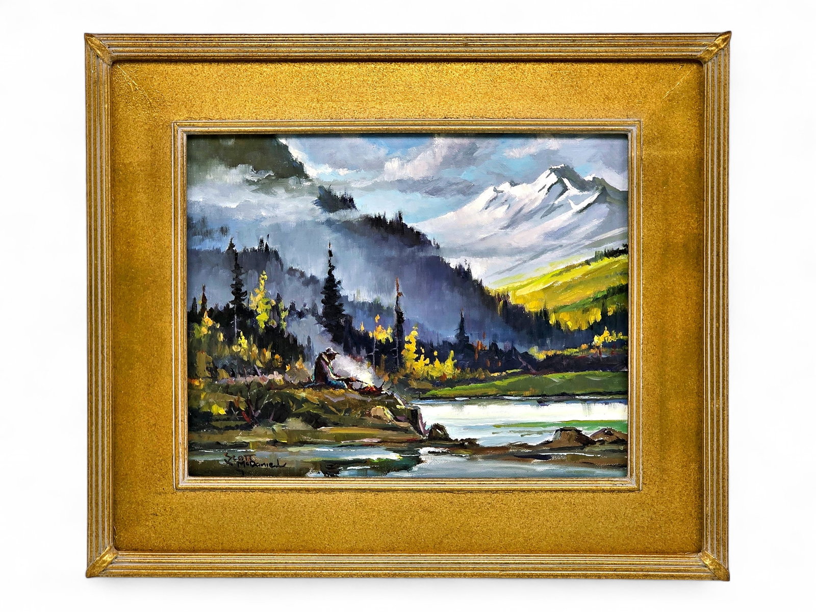 Scott McDaniel Oil Painting of Alpine Lake Camp Scene (1 of 4)