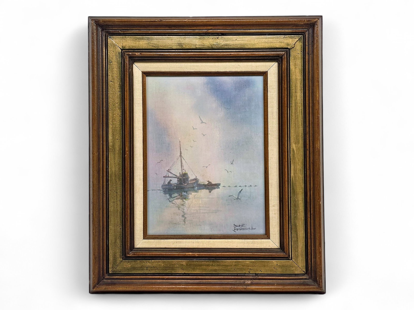 Scott McDaniel Commercial Fishermen Watercolor Painting: An original watercolor painting on canvas depicting two men working near a buoyed net on a fishing vessel and motorboat with a squabble of seagulls overhead and backgrounded by an ethereal sky of