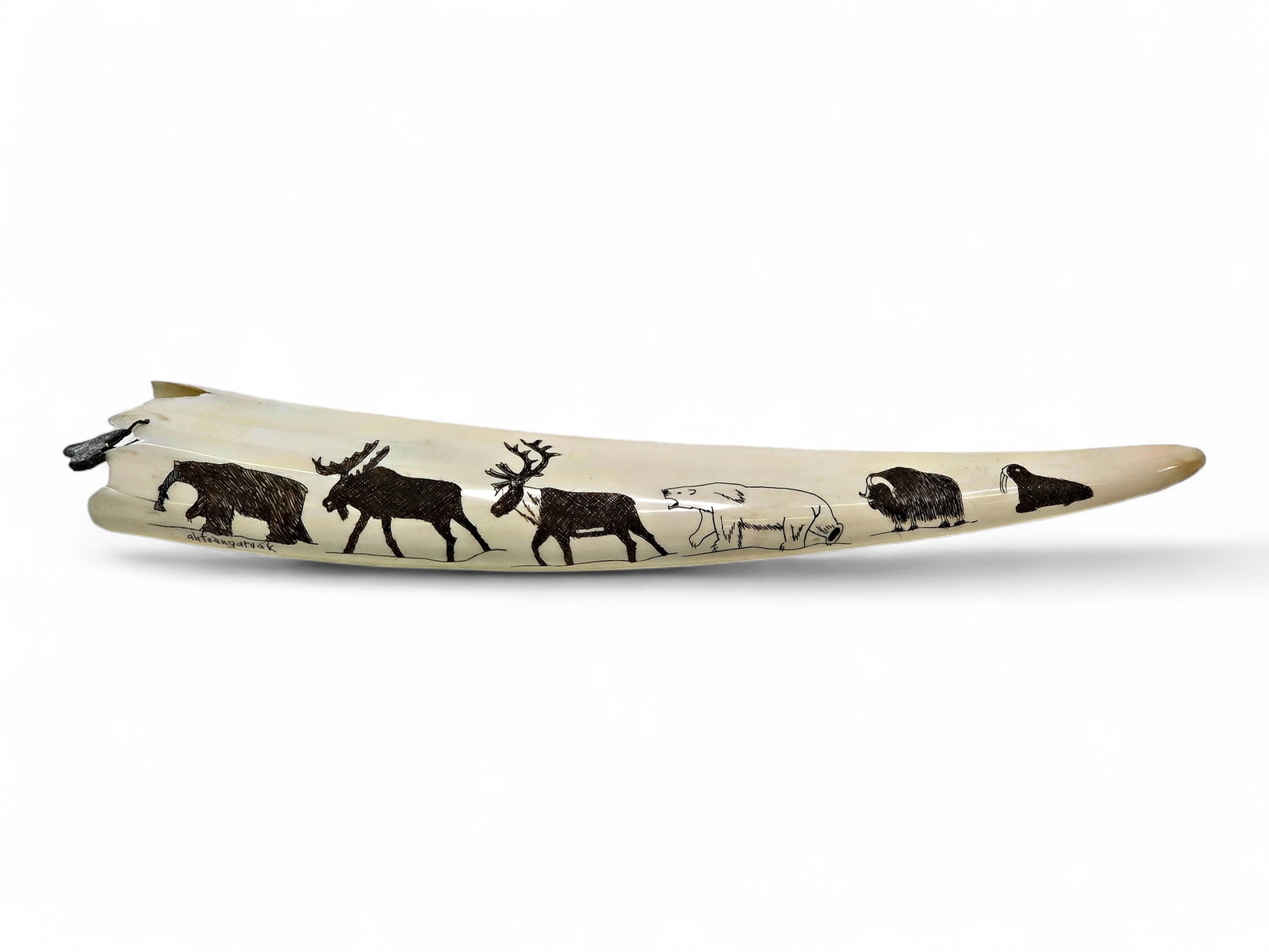 Scrimshaw Walrus Tusk w/ Arctic Wildlife - Thomas Ahtuangaruak (1 of 9)