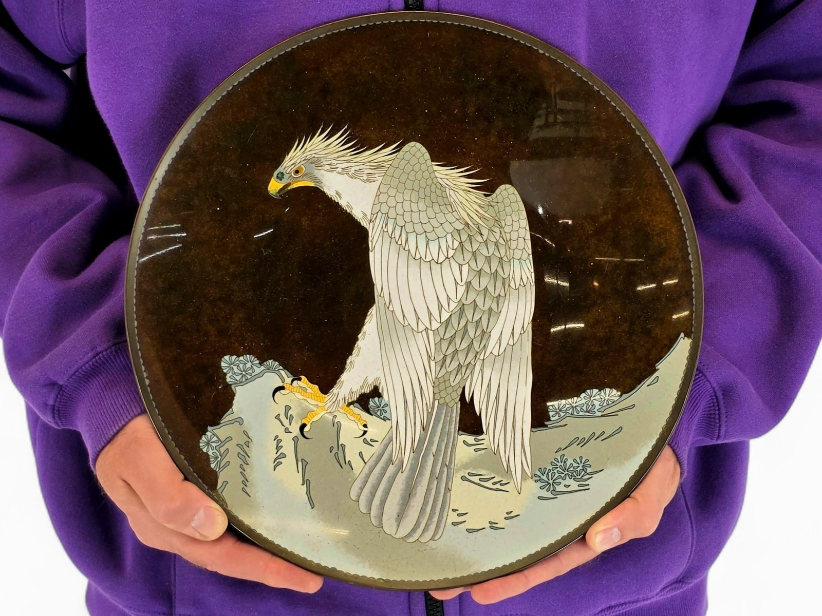 Meiji Japanese CloisonnÃ© Eagle Charger: A Japanese cloisonnÃ© enamel charger of the Meiji period (1868â€“1912), probably late nineteenth century, decorated with a crested eagle perched on a rocky outcrop. Rendered in white and gradua