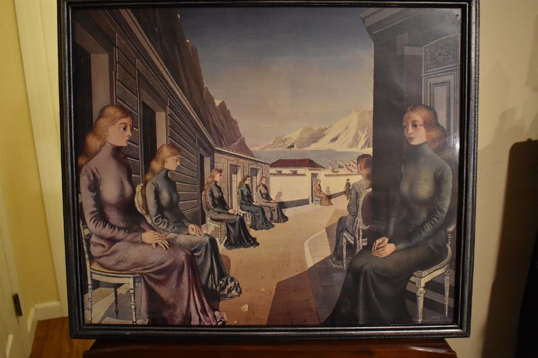 Paul Delvaux - "Village of the Mermaids" Print - Framed: Stock # A3054 - Paul Delvaux Surrealist Print "Village of the Mermaids" Framed Under Glass Solid wood frame Signed in print in the lower right corner Colors are full and well defined. Frame presents w