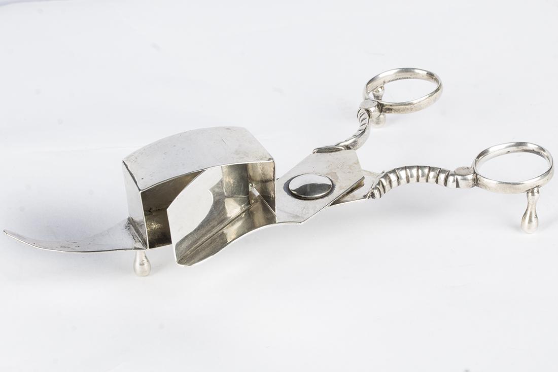 Sterling Silver Candle Wick Scissors: Rare, all sterling silver candle wick scissors. Scissors have 3 legs to stand off of table surface. 6.5" in length. Piece is stamped sterling, maker's hallmark, and 356 (model #). Nose of scissors is 