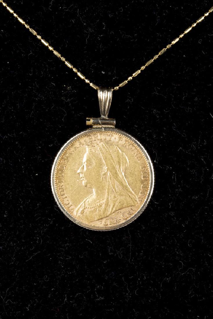 1898 British Gold Sovereign in 14KT Bezel: 1898 British gold sovereign in a 14kt yellow gold bezel on a 14kt, 18" chain. The obverse of the sovereignfeatures Queen Victoria while the reverse features St. George slaying the dragon. Sovereign 