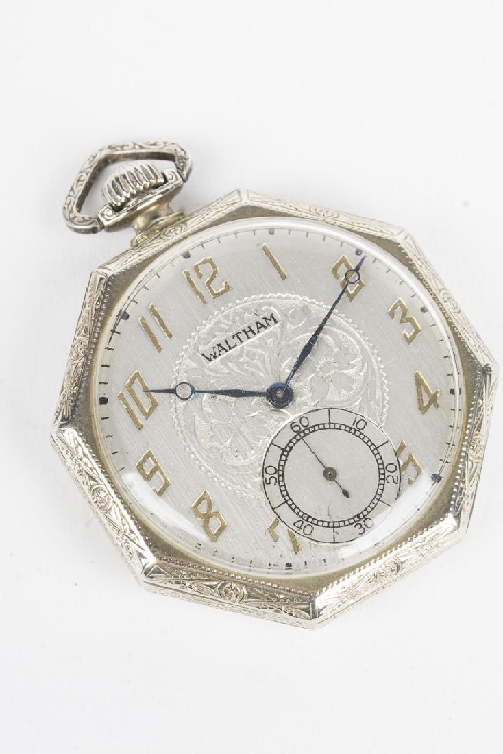 Waltham 17jewel 14KT Gold Open face Pocket Watch: Circa 1925 Waltham 17 jewel 14kt white gold open face pocket watch. Movement #24934733. Grade 225, Model 1894, size 12S. Screw wound and set. Silver face with gold Arabic numbers and a seconds sub dia