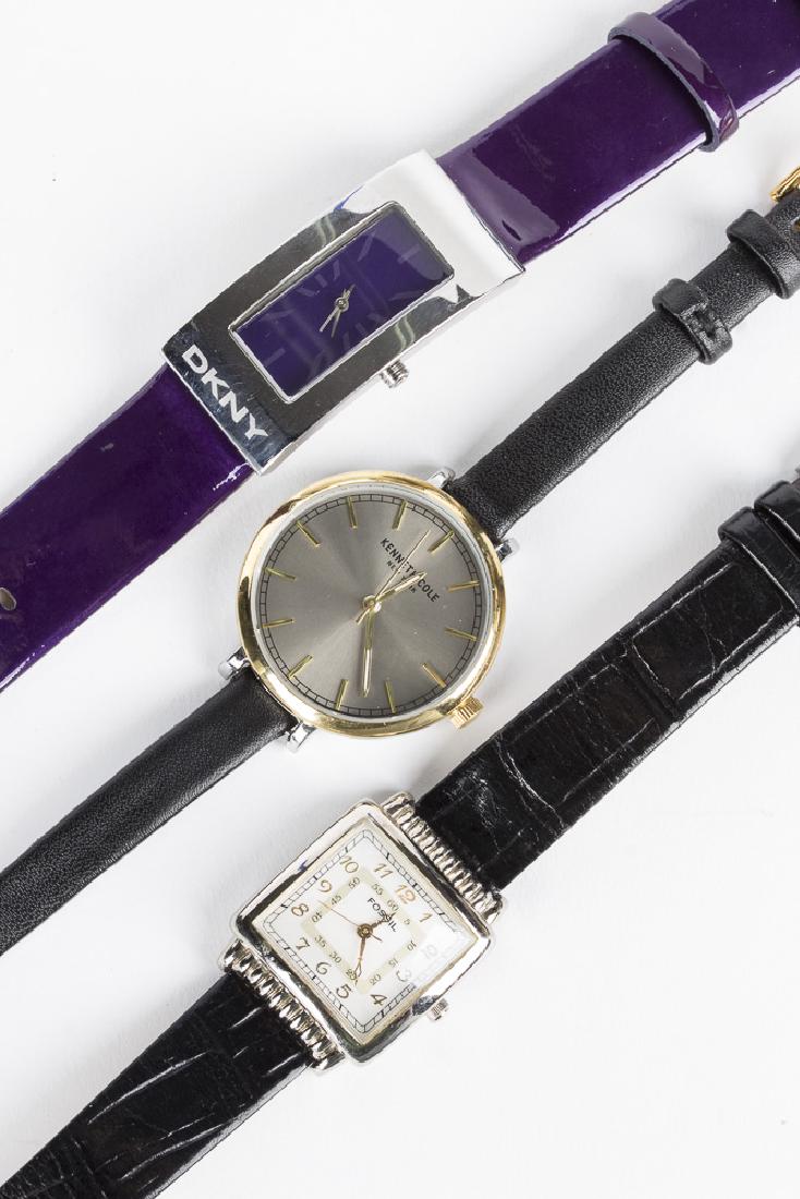 Lot of 3 Lady's Watches DKNY, Fossil, Kenneth Cole: A. DKNY fashion quartz wristwatch. Stainless steel case inscribed with DKNY, purple face and matching purple genuine leather band. NY-4743 110909. WR 3ATM.21mm case, 18mm lugs. B. Fossil quartz wristw