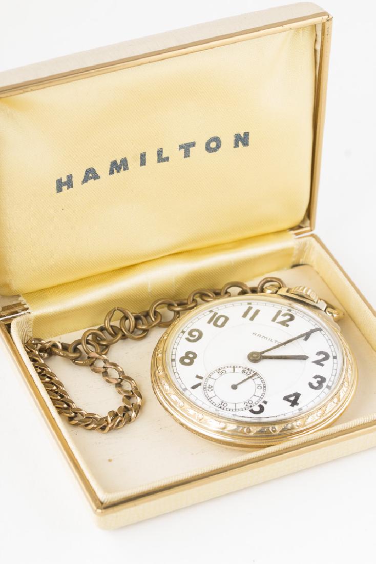 Circa 1940 HAMILTON 992B Railroad Grade Pocketwatch: Vintage circa 1940 Hamilton 992B Railroad Grade (21 jewels/adjusted to 6 positions) pocket watch. Movement# C4634. WHite face with black Arabic numerals and black baton style hands. Seconds subdial at