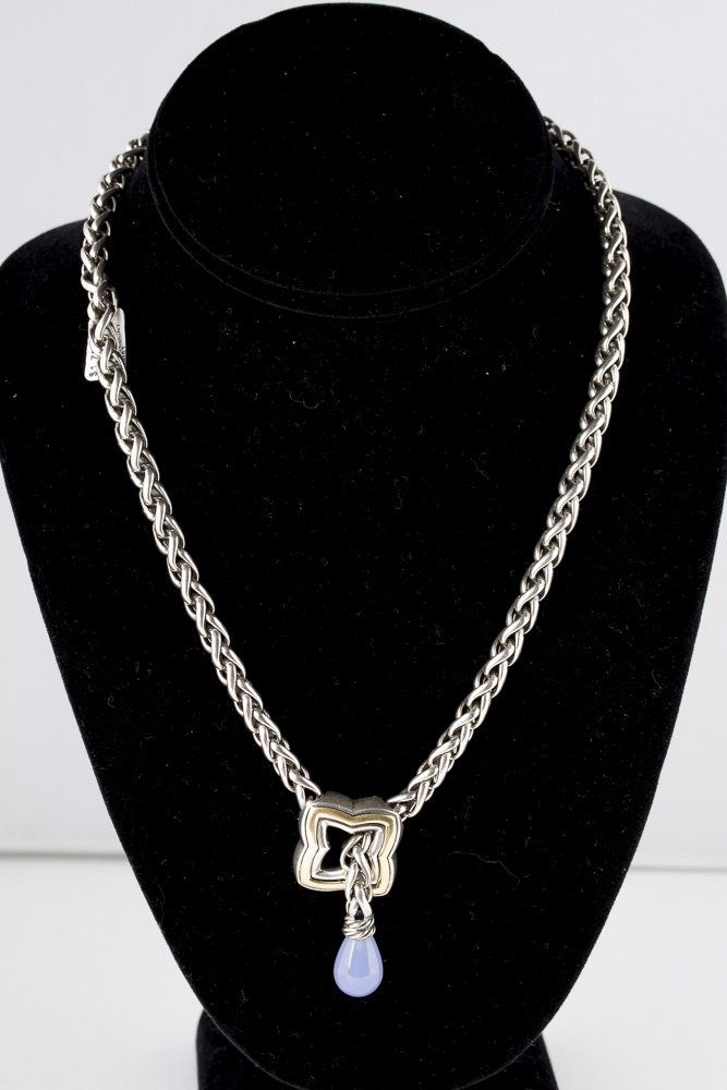 DAVID YURMAN Sterling & 18K Natural Chalcedony Necklace: Stunning sterling and 18kt yellow gold lariat style necklace from renown designer David Yurman. Beautiful lavender teardrop chalcedony adornes one end of this approx 19" necklace, which dangles from a